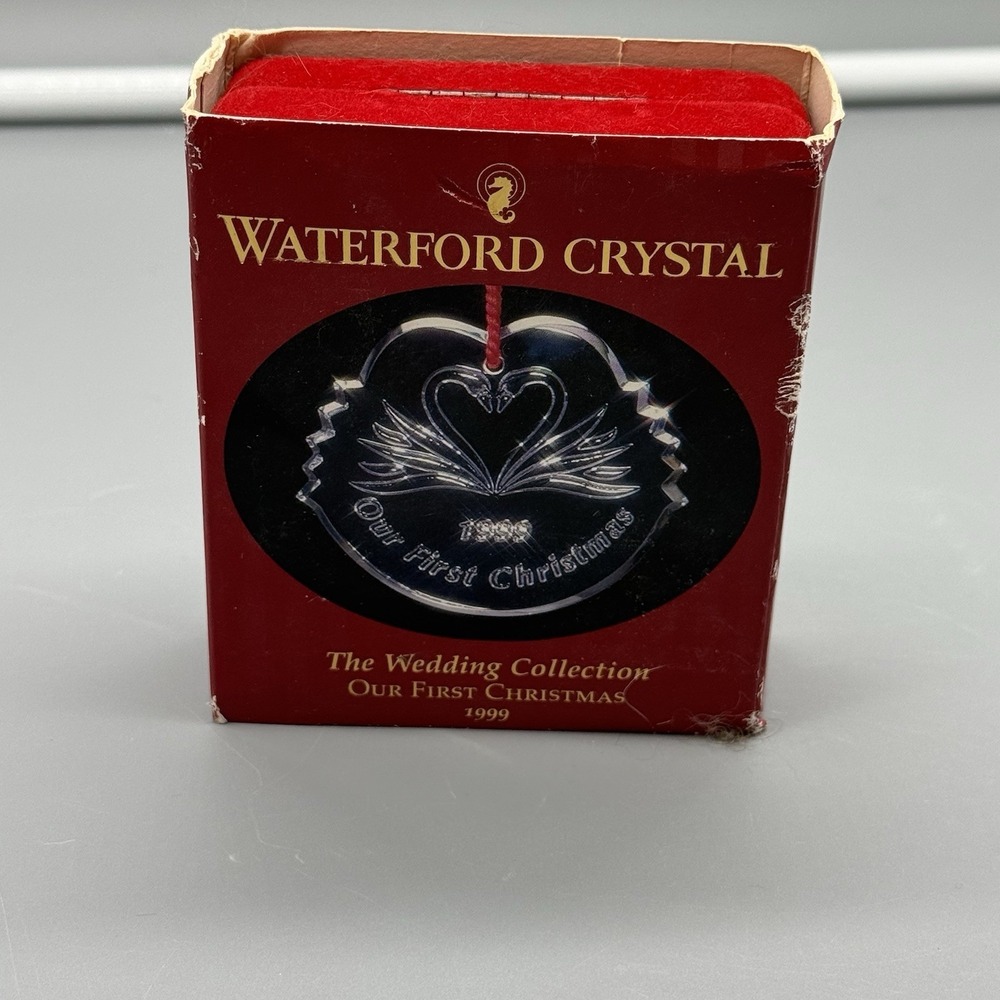 Waterford Crystal Our First Christmas Ornament 1999 Swans/Heart/Jewel Hanger New